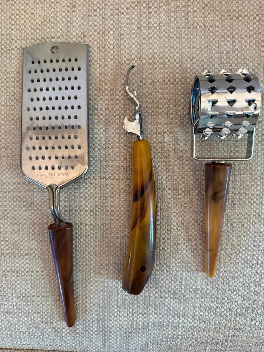 Vintage butterscotch Bakelite kitchen tools - Grater- Opener - Meat Tenderizer